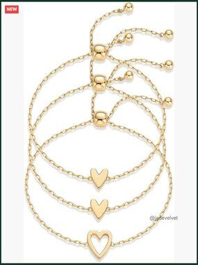 Matching Heart Charms Solitaire Bracelet Set Adjustable Link Chain 3pc